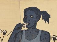  Alison Saar, detail of Cotton Eater, edition 1/6, 2014. Woodcut on found sugar sack quilt. 72 x 34 in.