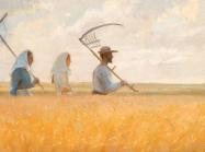 Anna Ancher painting of 3 figures walking in a wheat field holding scythes