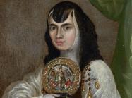 Detail of Portrait of Sor Juana Ines de la Cruz at the age of 25, Inscription in Latin: Ætatis sua 25.