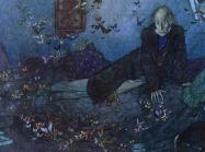 man in dark, blue, twilight room. Empty, open boxes are scattered throughout and butterflies are everywhere. 