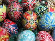 Detail of pysanky eggs in basket