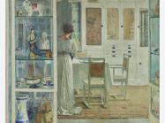 a woman stands in a bright, white interior. painted in the impressionist style