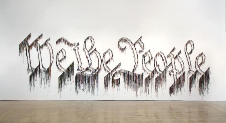 Nari Ward, We the People, 2011. Shoelaces, 96 x 324 in (243.8 × 594.4 cm). In collaboration with the Fabric Workshop and Museum, Philadelphia. Collection Speed Art Museum, Louisville, KY; Gift of the Speed Contemporary, 2016.1. © The Speed Art Museum, Louisville, KY (pages 124-125)