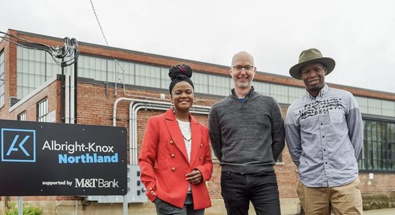 Co-curators of In These Truths, Aitina Fareed-Cooke and Edreys Wajed, alongside Curator of Public Art Aaron Ott.