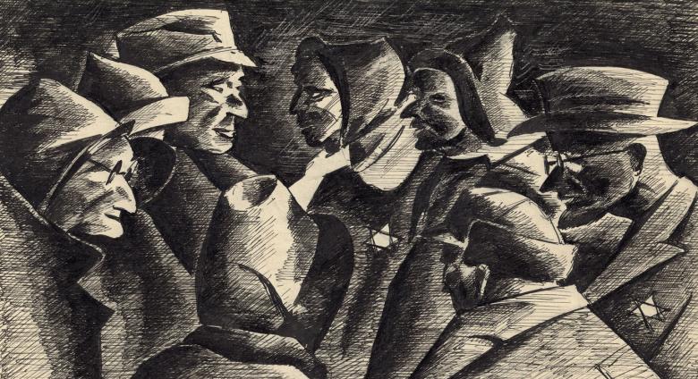 drawing by holocaust survivor Peter Loewenstein in black and white ink depicts a scene from the Holocaust using faces, profiles, and jackets with stars on them