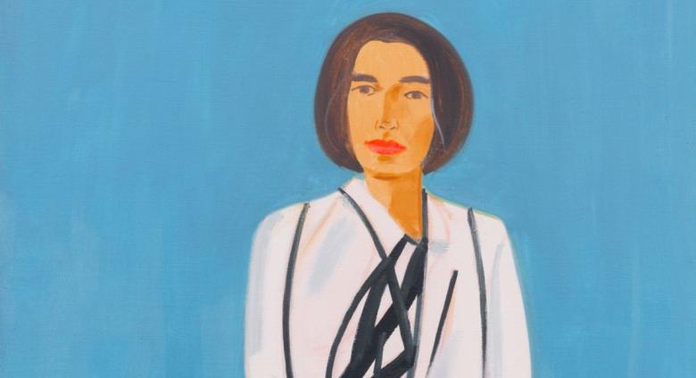 Alex Katz (b. 1927), Vivien in White Coat 1, 2020. Oil on linen. 60 × 48 in. (152.4 × 121.9 cm).