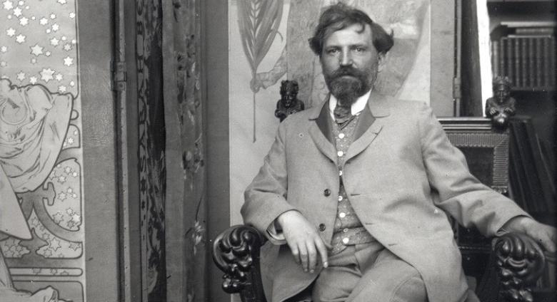 Alphonse Mucha, detail of Self-portrait with posters for Sarah Bernhardt at the studio in rue du Val-de-Grâce, Paris, circa 1901. Modern print from original glass plate negative. 9 7/16 × 7 1/16 in.