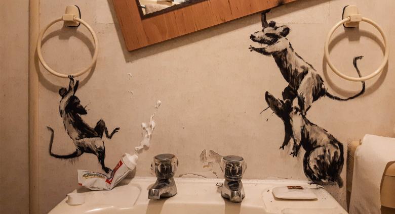 Banksy rats run amok in a bathroom