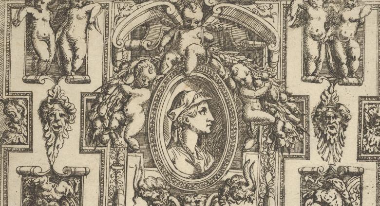 Battista Angolo del Moro, Bust of a woman in profile facing right, set within an elaborate frame with putti, ca. 1540–80. 