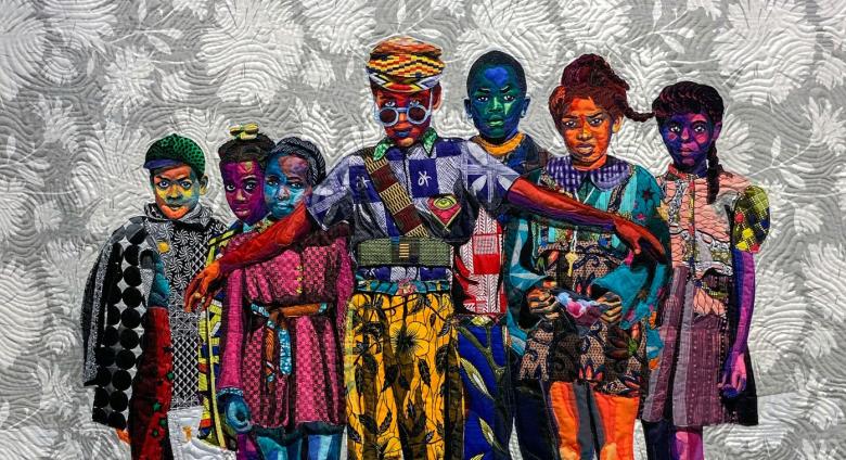 Bisa Butler portrait of a group of Black children depicted in brightly colored and patterened fabric