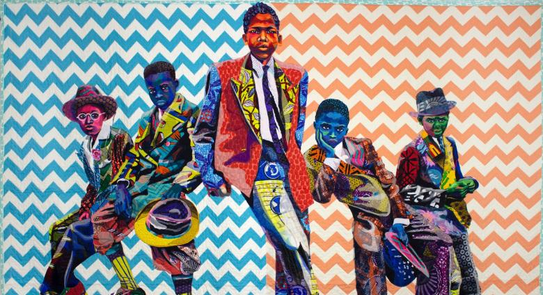 Bisa Butler quilted painting portrait of 5 young black boys depicted in bright colored fabrics