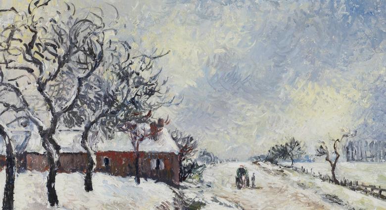 Camille Pissarro titled Route Enneigée avec Maison shows a snowfield, trees and house 