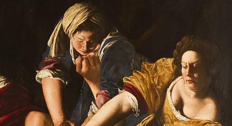 detail of two women, Judith and her maid, pin a man to a bed and are in the process of decapitating him with a sword as he struggles. 