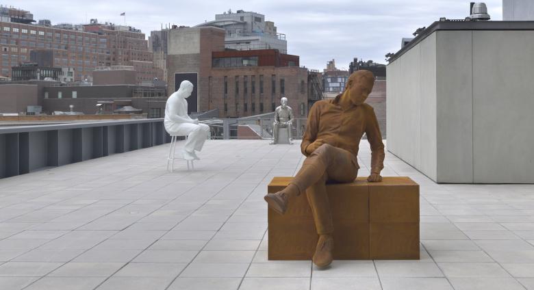 Installation view of Whitney Biennial 2022: Quiet as It’s Kept (Whitney Museum of American Art, New York, April 6-September 5, 2022). From left to right: Charles Ray, Burger, 2021; Charles Ray, Jeff, 2021; Ninety-Nine Bottles of Beer on the Wall, 2021.