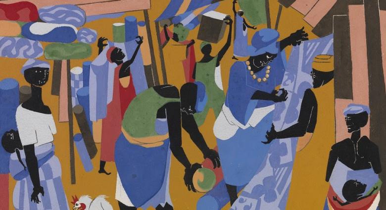 Jacob Lawrence (American, 1917–2000), Market Scene, 1966. Gouache on paper. Chrysler Museum of Art.