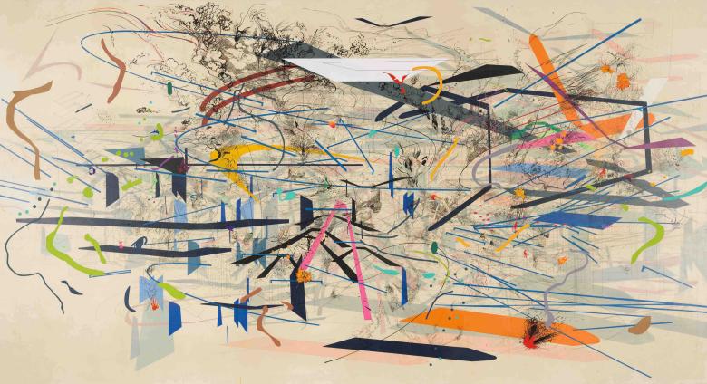 large, abstract painting composed of wide, expressive paint marks