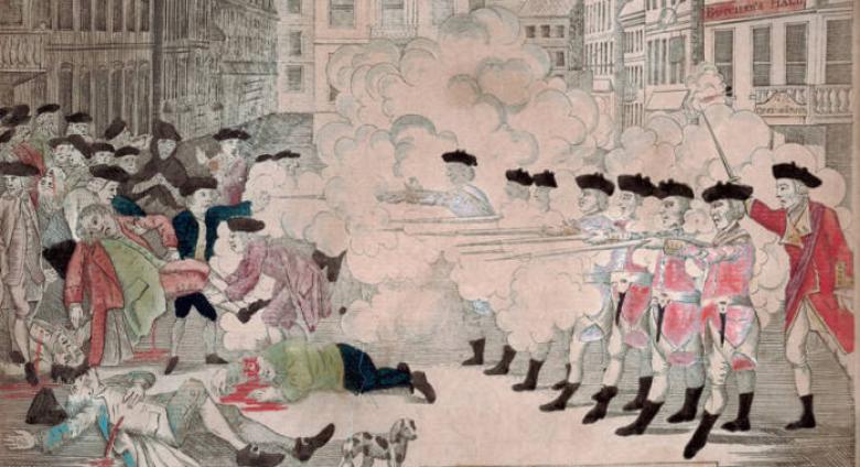 Paul Revere, Boston Massacre, 1770. Engraving, hand-colored. Courtesy Collection of the Boston Athanaeum.