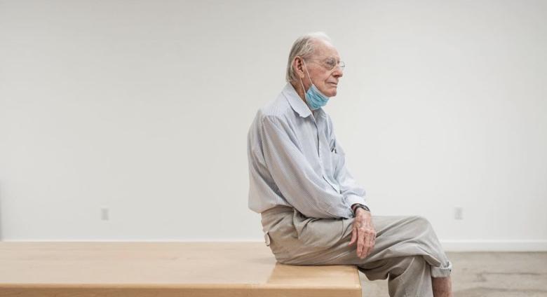 Photo of Wayne Thiebaud taken by Max Whittaker, Posted by Acquavella Galleries. artist is shown seated in the gallery space