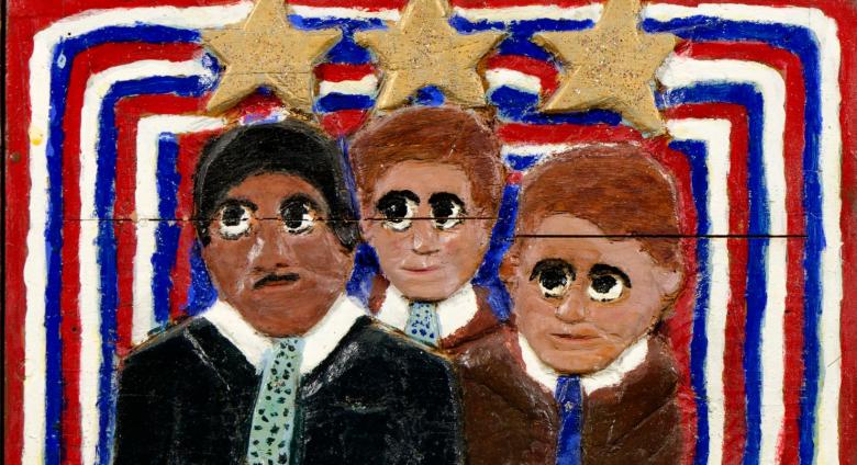 Elijah Pierce bas-relief wood carving showing MLK, JFK, and Bobby Kennedy