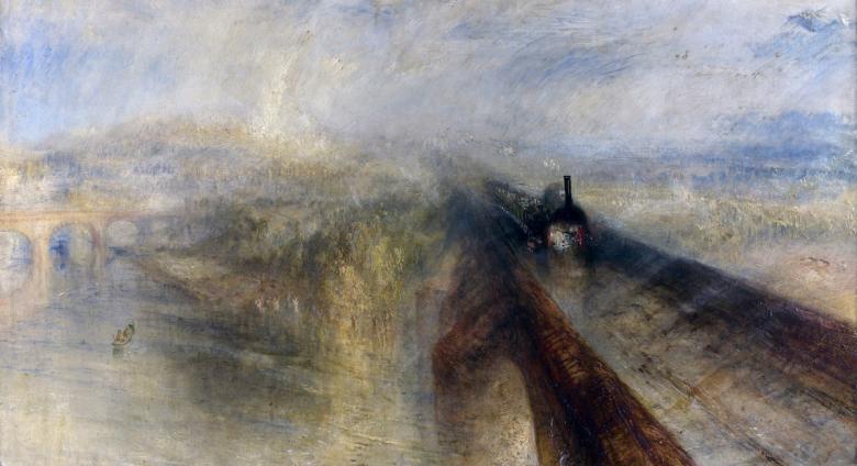 J.M.W Turner, Rain, Steam and Speed – The Great Western Railway (1844). Oil on canvas, 91 × 121.8 cm (36 × 48.0 in). National Gallery, London