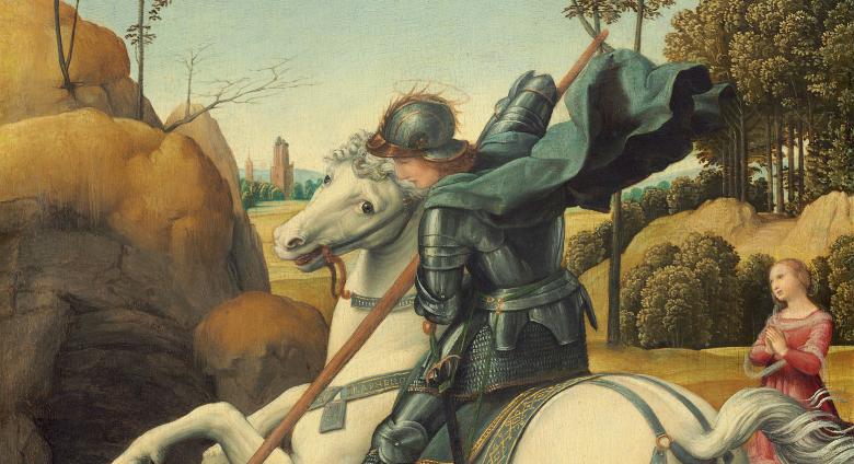 Raphael, Saint George and the Dragon, 1506. Oil on panel. 11.22 x 8.46 in (285 x 215 cm). National Gallery of Art, Washington D.C. 