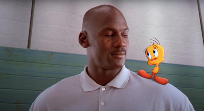 Still of Micheal Jordan and Tweety Bird from Space Jam | 4K Trailer | Warner Bros. Entertainment.