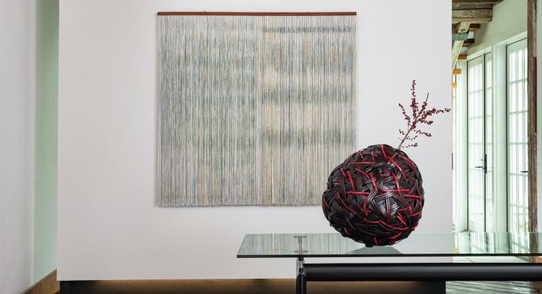 Center: Ulla-Maija Vikman, Akureyri, 2009. Painted viscose, and linen, mahogany. Bottom Right: Jiro Yonezawa, Red Fuji, 2019. bamboo, urushi lacquer.