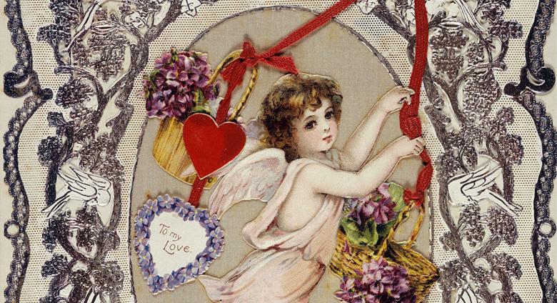 A cupid figure is framed by ornate, organic artwork