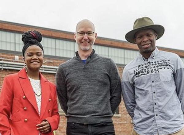 Co-curators of In These Truths, Aitina Fareed-Cooke and Edreys Wajed, alongside Curator of Public Art Aaron Ott.