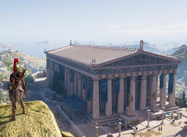 Image of Assassin’s Creed: Odyssey’s reconstruction of the Athenian Akropolis ca. 431-422 BCE. The famous Parthenon is visible, as well as the ancient Athenian landscape beyond it. 