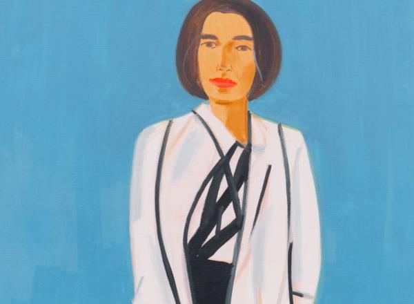 Alex Katz (b. 1927), Vivien in White Coat 1, 2020. Oil on linen. 60 × 48 in. (152.4 × 121.9 cm).