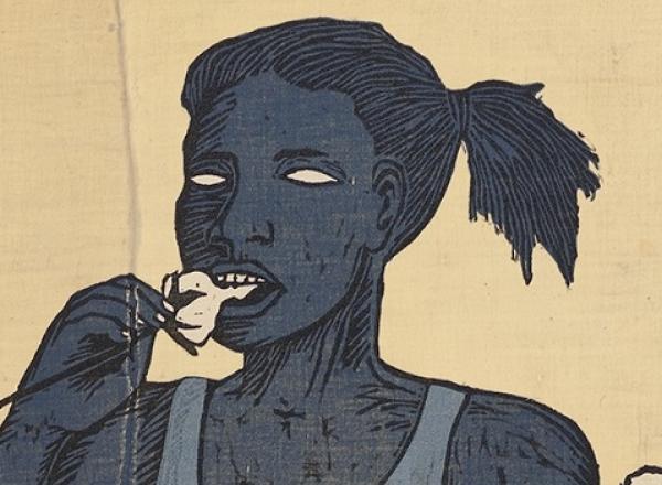  Alison Saar, detail of Cotton Eater, edition 1/6, 2014. Woodcut on found sugar sack quilt. 72 x 34 in.