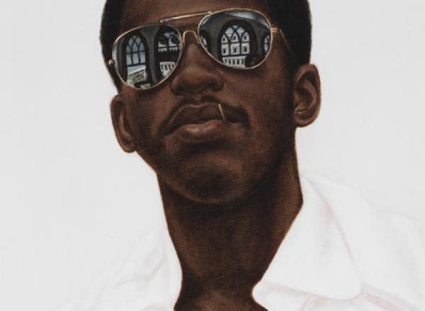 detail of painting that features a black man in white clothes and in front of white background. His glasses reflect gothic church windows.