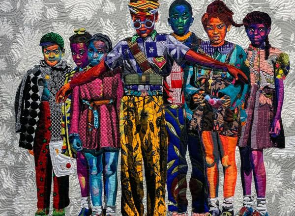 Bisa Butler portrait of a group of Black children depicted in brightly colored and patterened fabric