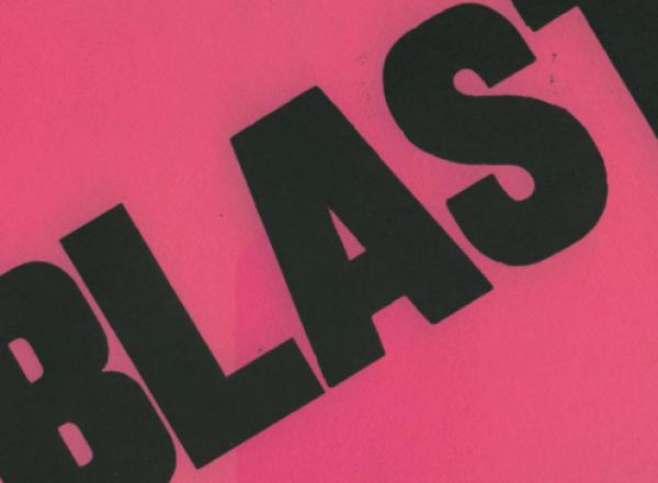 Rotated view of an early cover for the magazine BLAST: The Review of the Great English Vortex, 1914. All pink with giant black letters spelling BLAST