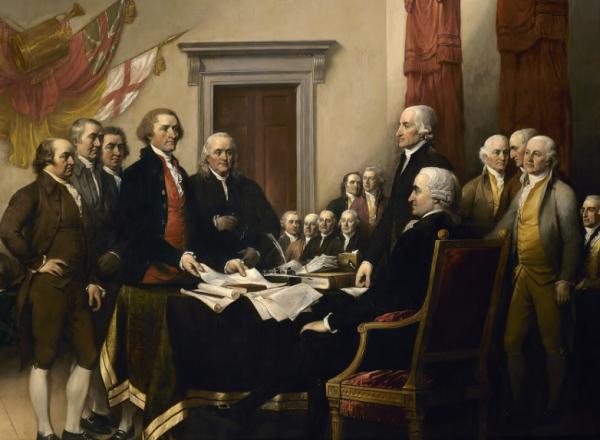 John Trumbull large-scale painting of the Declaration of Independence, showing a room full of older white men in black coats