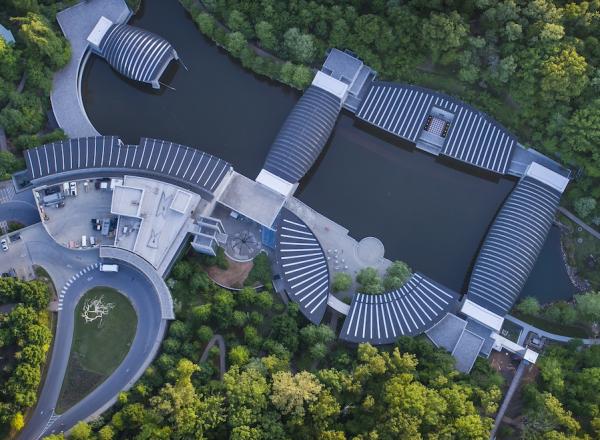 Aerial view of Crystal Bridges Museum of American Art, Bentonville, Arkansas