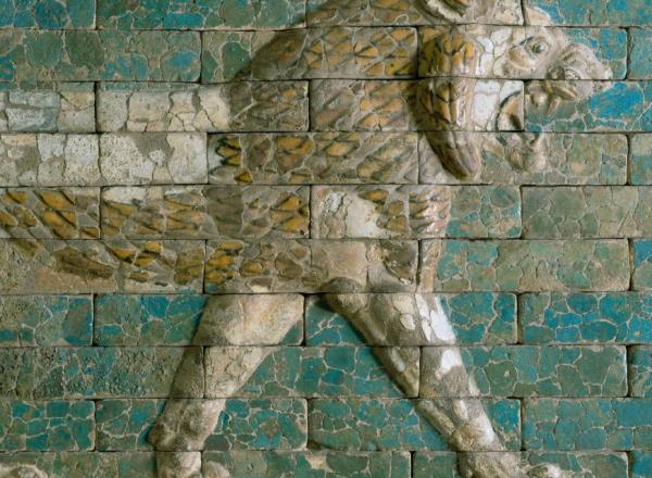 Reconstructed panel of bricks with a striding lion Neo-Babylonian Period; Processional Way, El-Kasr Mound, Babylon, Iraq. 