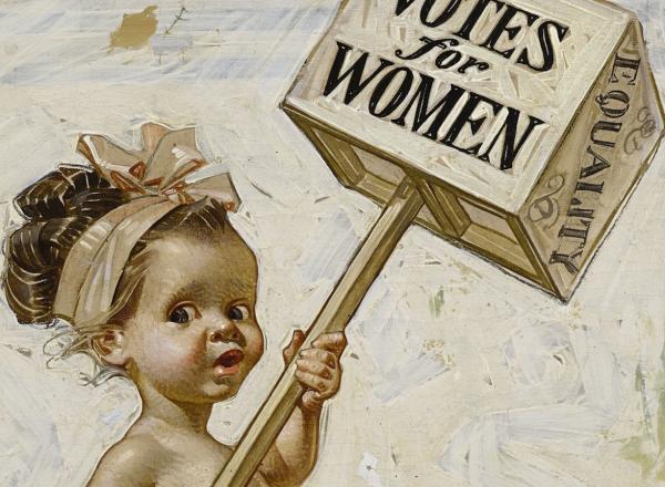 J.C. Leyendecker, detail of Votes for Women, Study for Saturday Evening Post Cover, January 1911. Oil on canvas. Baaby girl with hair tied back in a pink ribbon marches for women's sufferage, sign in hand. 