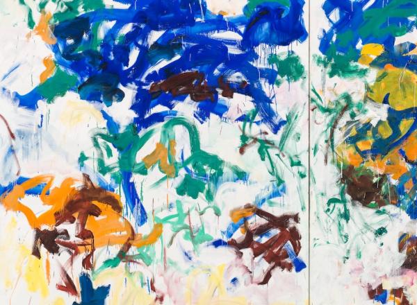 Abstract Tryptic featuring green, blue, yellow, orange and rust swirling brushstrokes on off-white, inconsistent canvas.     