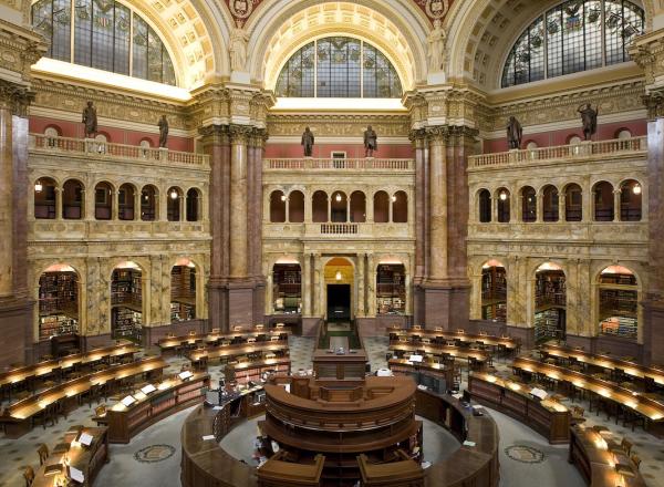 The main reading room at the Library of Congress, Thomas Jefferson Building.