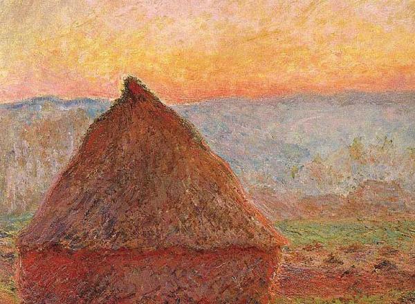 Claude Monet painting of triangular haystacks in the evening light