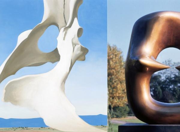 Left: Georgia O’Keeffe (1887-1986), Pelvis with the Distance, 1943. Indianapolis Museum of Art at Newfields, gift of Anne Marmon Greenleaf in memory of Caroline Marmon Fesler.  Right: Henry Moore (1898-1986), Working Model for Oval with Points, 1968-1969. The Henry Moore Foundation, Much Hadam, England, gift of the artist, 1977. 