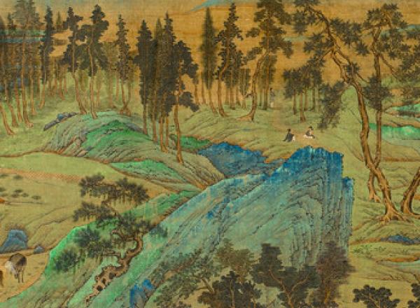 handscroll painting by qiu ying of the ming dynasty, landscape with blue mountains