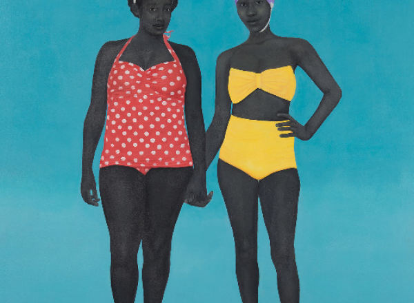 Amy Sherald painting of two black women in bathing suits standing against a blue background