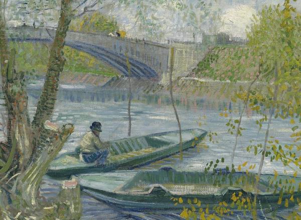 van gogh painting of two small fishing boats on a river in spring with a bridge in the background